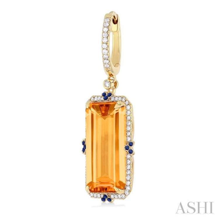 17x9 MM Emerald Cut Citrine and .80 MM Sapphire & 1/3 Ctw Round Cut Diamond Halo Precious & Semi-Precious Earrings in 14K Yellow Gold