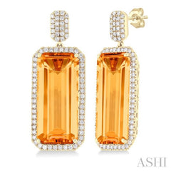 22x10 MM Emerald Cut Citrine and 7/8 Ctw Round Cut Diamond Halo Semi-Precious Earrings in 14K Yellow Gold