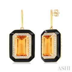 12x8 MM Emerald Cut Citrine and 1/3 Ctw Round Cut Diamond Halo & Black Enamel Border Semi-Precious Earrings in 14K Yellow Gold