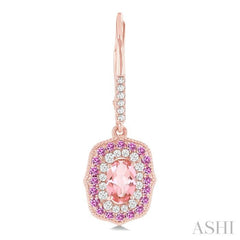 6x4 MM Oval Cut Morganite, 1.25 MM Pink Sapphire and 1/3 Ctw Round Cut Diamond Halo Precious and Semi-Precious Fashion Earrings in 14K Rose Gold