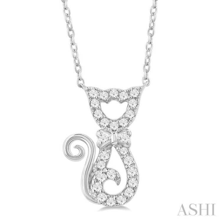 1/10 Ctw Cat Shape Petite Single Cut Diamond Fashion Pendant With Chain in 10K White Gold