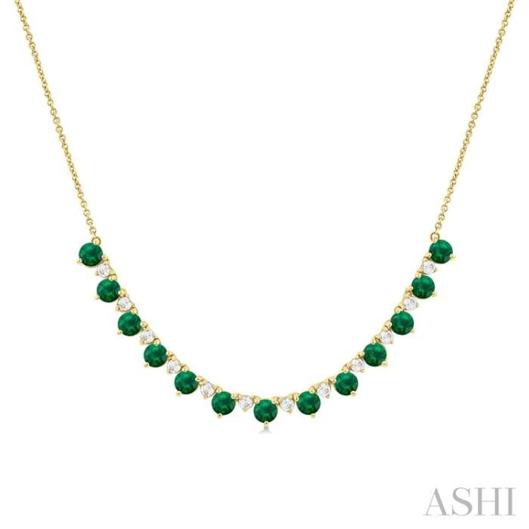 3.5 MM Round Shape Emerald and 1/2 Ctw Round Cut Diamond Precious Tennis Necklace in 14K Yellow Gold