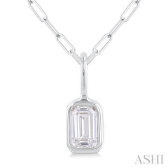 1/5 Ctw Emerald Cut Bezel Set Diamond Fashion Pendant With Paperclip Chain in 10K White Gold