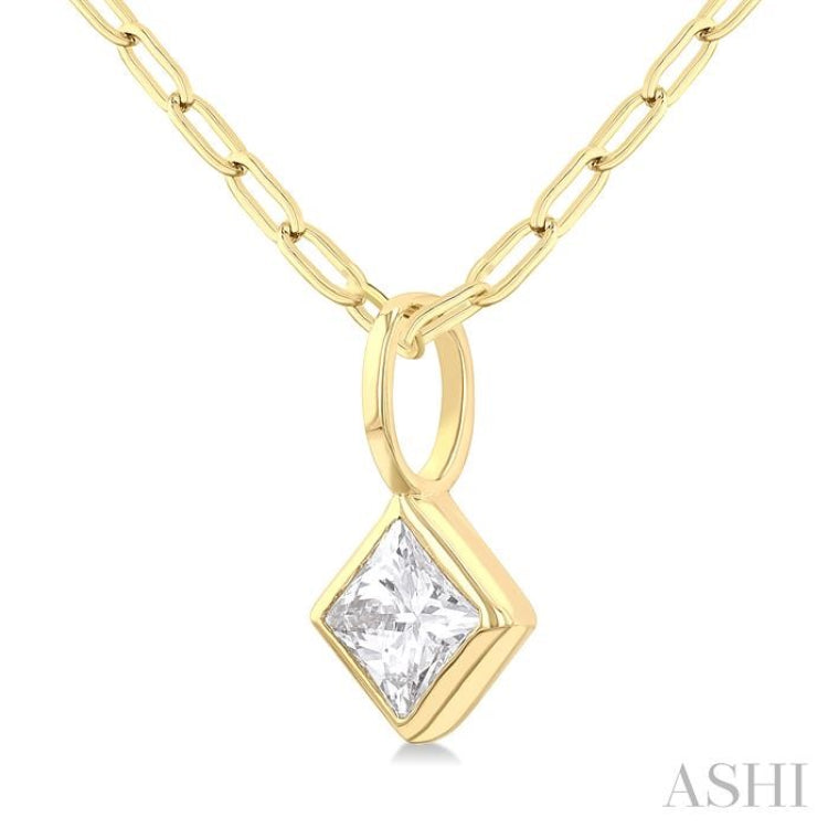 1/5 Ctw Princess Cut Bezel Set Diamond Fashion Pendant with Paperclip Chain in 10K Yellow Gold