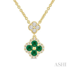 2.4 MM Round Shape Emerald and 1/4 Ctw Clover Round Cut Diamond Station Necklace in 14K Yellow Gold