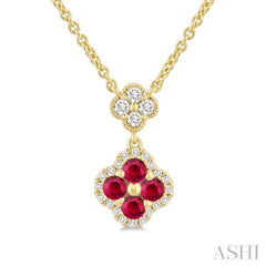 2.4 MM Round Shape Ruby and 1/4 Ctw Clover Round Cut Diamond Station Necklace in 14K Yellow Gold
