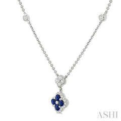 2.4 MM Round Shape Sapphire and 1/4 Ctw Clover Round Cut Diamond Station Necklace in 14K White Gold