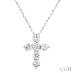3/4 Ctw Round Cut Diamond Christian Cross 6-Stone Fashion Pendant With Chain in 14K White Gold