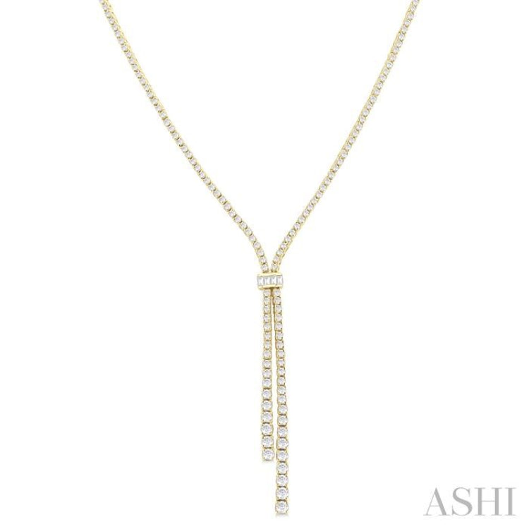 3 Ctw Split Y-Shape Baguette and Round Cut Diamond Lariat Necklace in 14K Yellow Gold