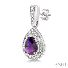 6X4 MM Pear Shape Amethyst and 1/50 Ctw Single Cut Diamond Semi-Precious Earrings in Sterling Silver