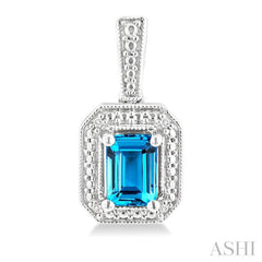 6X4 MM Octagon Shape Blue Topaz and 1/50 Ctw Single Cut Diamond Semi-Precious Earrings in Sterling Silver