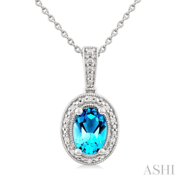 7X5 MM Oval Shape Blue Topaz and 1/50 Ctw Single Cut Diamond Semi-precious Pendant With Chain in Sterling Silver