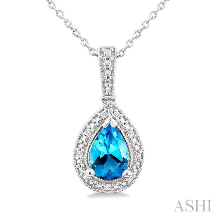 7X5 MM Pear Shape Blue Topaz and 1/50 Ctw Single Cut Diamond Semi-precious Pendant With Chain in Sterling Silver