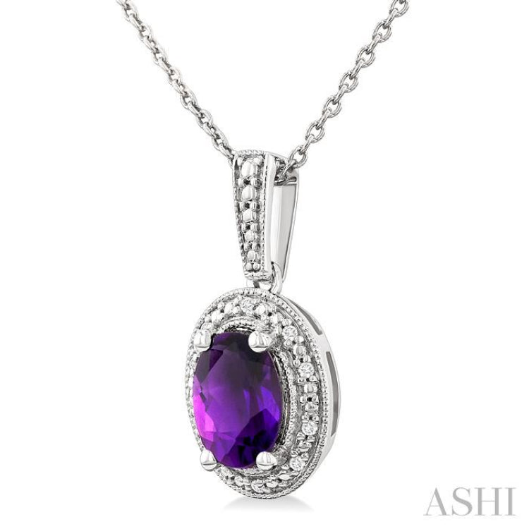 7X5 MM Oval Shape Amethyst and 1/50 Ctw Single Cut Diamond Semi-precious Pendant With Chain in Sterling Silver