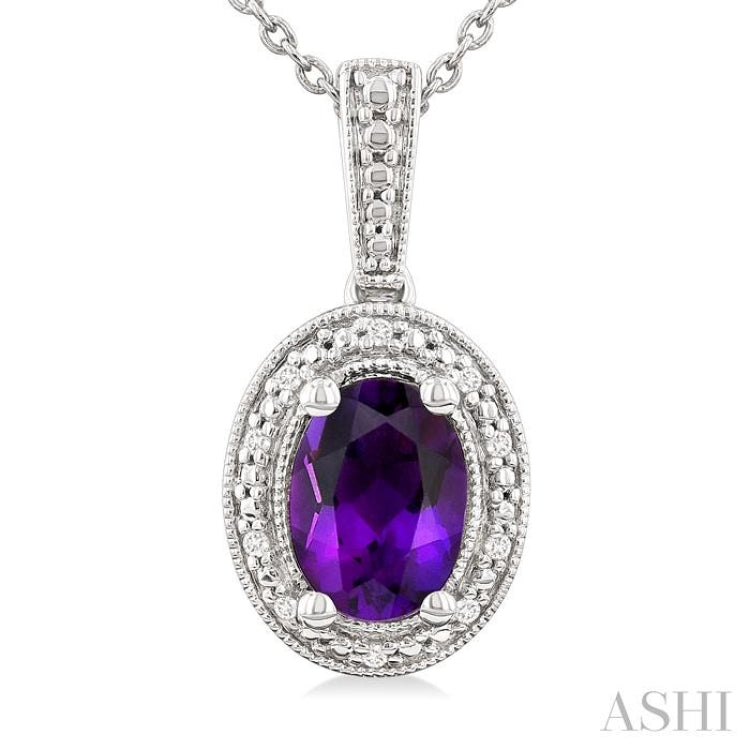7X5 MM Oval Shape Amethyst and 1/50 Ctw Single Cut Diamond Semi-precious Pendant With Chain in Sterling Silver