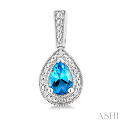 6X4 MM Pear Shape Blue Topaz and 1/50 Ctw Single Cut Diamond Semi-Precious Earrings in Sterling Silver