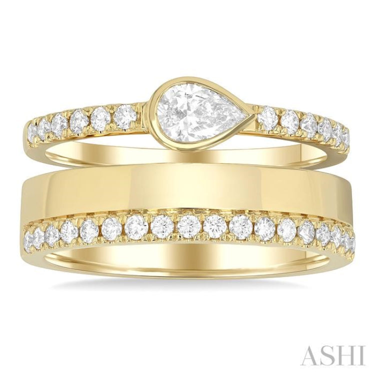 3/4 Ctw Split Twin Row Bezel Set Pear and Round Cut Diamond Fashion Ring in 14K Yellow Gold